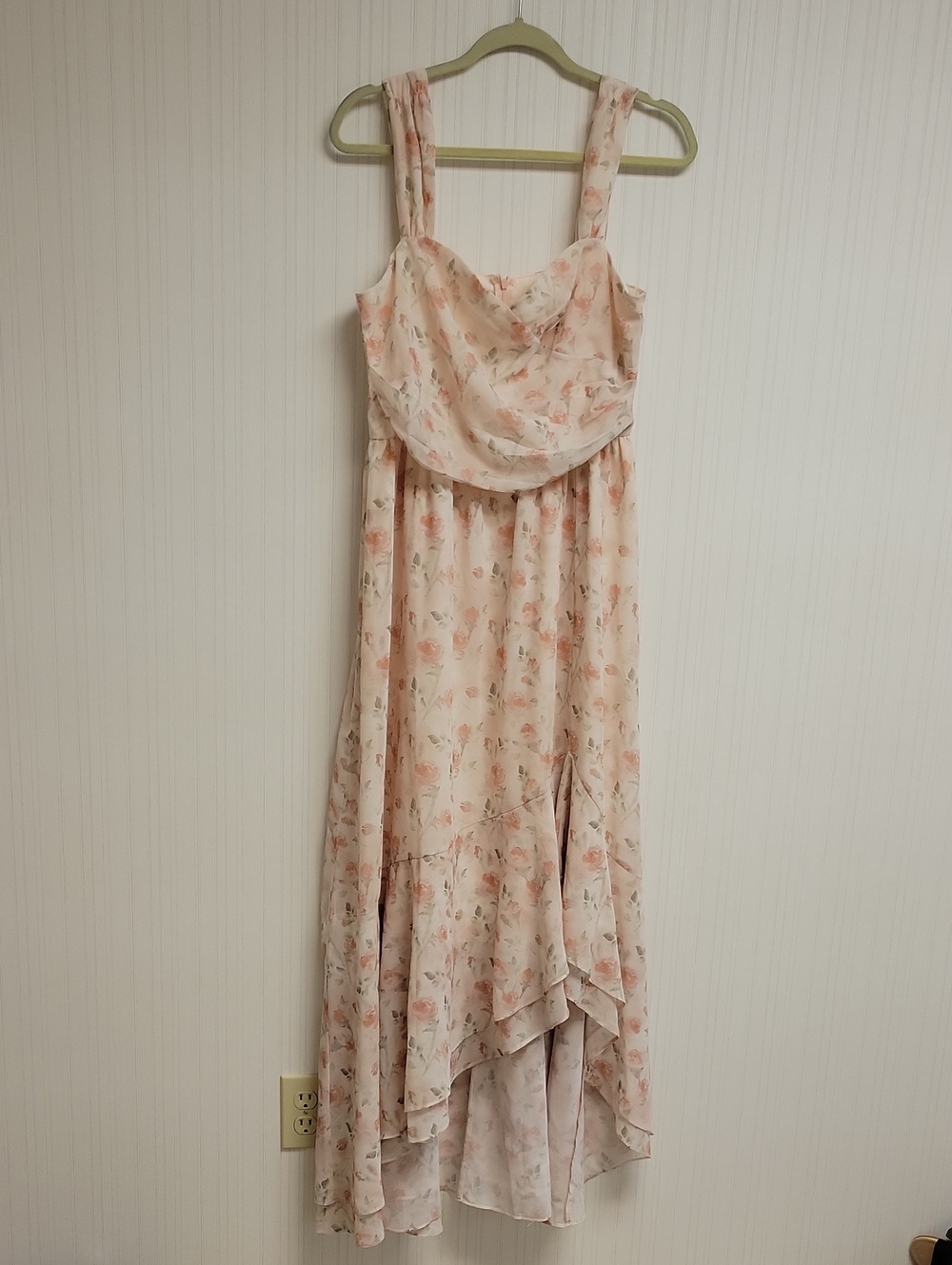 JJs House Floral Chiffon Maxi Dress in Blush Pink Large New Wedding Guest Fairy